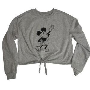 Disney Mickey Mouse Tie-Front Girls Crop Pullover Sweatshirt Gray, Size Small